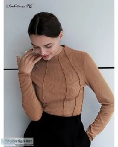 Women Frill Long Sleeve Solid Basic Round Neck Knitted Bodycon W