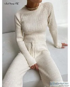 Women Bodycon Sweater And Drawstring Pants Autumn Winter Knitted