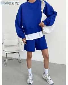 Women Casual Pullover Tops And Wide Leg Shorts Outfits Blue Trac
