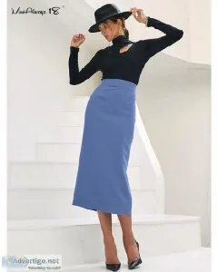 Women Office Split Long Winter Elegant Blue High Waist Skirts