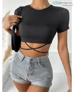 Women Short T-Shirts Casual Solid Crisscross Round Neck Lace Cro