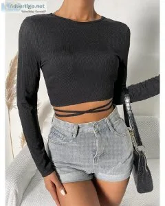 Long Sleeve Pullovers Slim Fit High Stretch Crisscross Tie Back 