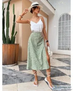 Green Boho Split Thigh Allover Print Women Skirts Elegant High W
