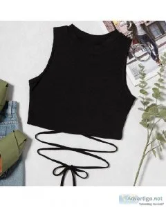 Black Round Neck Lady Casual Plain Lace Up Waist Sleeveless Shor