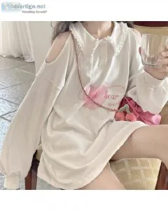 Cute Heart Print Off-shoulder Kawaii White Long Sleeve Sweat shi
