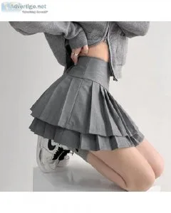 Preppy Style Double Pleated Skirt Women High Waist Patchwork Sol