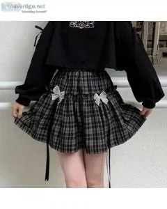 Kawaii Gothic Lolita Plaid Bow Black High Waist A-line Soft Girl