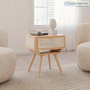 Rattan Side Table  Solid Wood Accent Table and Rattan Cane