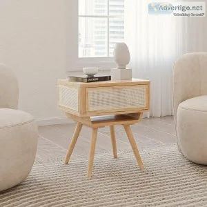 Rattan Side Table  Solid Wood Accent Table and Rattan Cane