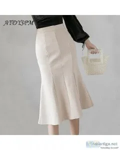 High Waist Back Split Ruffles Black Khaki Beige Office Fashion M