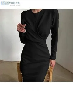 Elegant Solid Color Autumn Long Sleeve Women Midi Dress