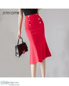 Korean Fashion Office Lady High Waist Stretch Wrap Hip Midi Merm