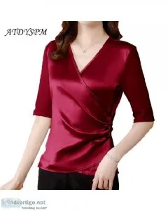 Simple Comfortable V-Neck Summer Satin Ladies Casual Short Sleev