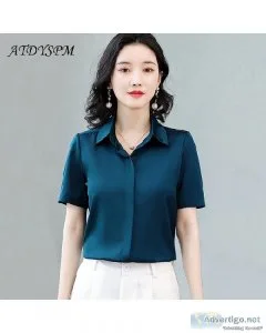 Simple Design Summer Short Sleeve Womens Casual Solid Satin Shir