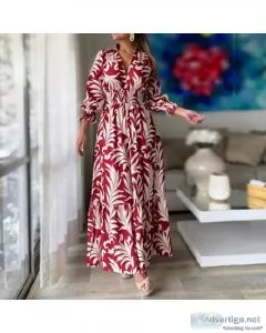 V Neck Long Sleeve Bohemian Women Floral Print Maxi Dress