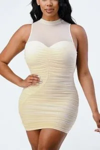 Lux Stretch mock neck mesh ruched dress