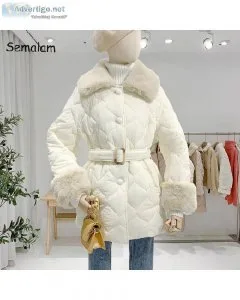 White Lace Up Waist Korean Style Loose Long Winter Down Jackets