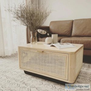 Natural Wood Cane Coffee Table with Storage  Rattan Table