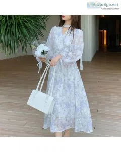 Summer Floral Printed Long Sleeve V-Neck Vintage A-Line Women Dr