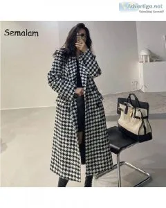 Woman Winter Thick Warm LongFashion Houndstooth Woolen Coat