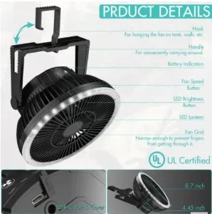 Camping Tent Fan with LED Lantern