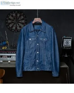 Men 100% Natural Cowhide Coat Autumn Spring Vintage Blue Genuine