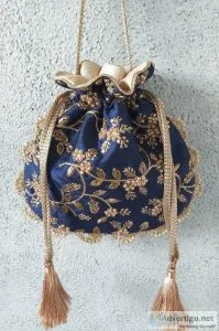 Navy pearl embroidered potli