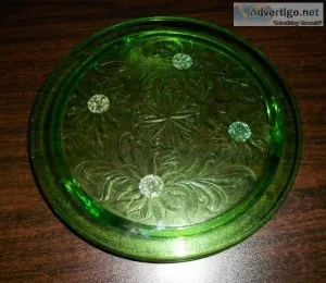 Green Depression 1930s Footed Cake Plate Jeanette Sunflower patt