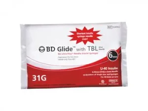 Bd glide with tbl u40 insulin syringe, bd ultra fine 31g, 6mm, 1