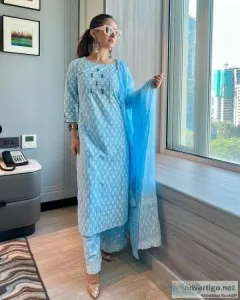 Cotton kurta, trouser & pant set with dupatta online - yufta