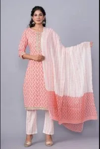 Get a stylish ethnic look with hand-block print suit set includi