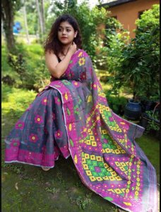 Exquisite handloom linen silk saree with jamdani buti design fab