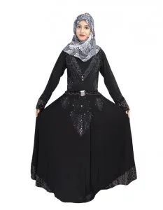 Buy a beautiful self design black lycra belt abaya with hijab