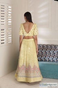 Mirror work fine net lemon colour lehenga