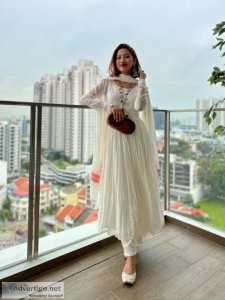 Designer handmade white anarkali dress for women online