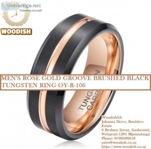 Men s tungsten ring - rose gold grovee brushed black tungsten