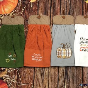 Brown and Gray Embroidered Pumpkin and Fall Kitchen Towels