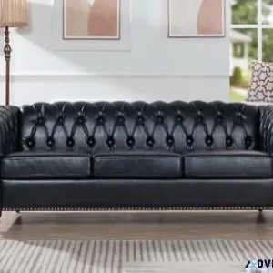 BLACK PU Rolled Arm Chesterfield Three Seater Sofa