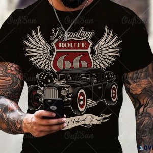 America Route 66 Letters Printed O Collared Tshirt