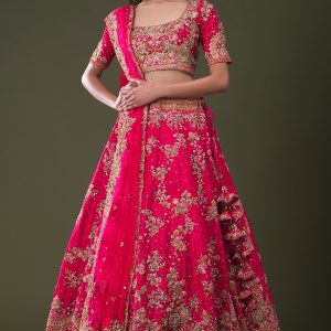 Raspberry red sequins embroidered raw silk wedding lehenga