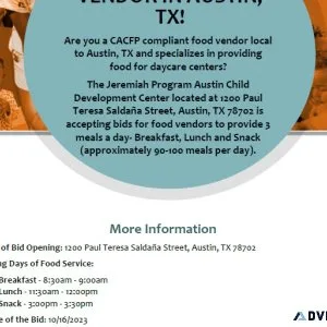 SEEKING CACFP COMPLIANT FOOD VENDOR IN AUSTIN TX