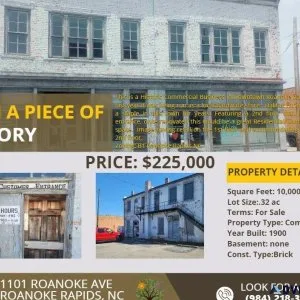 Historic Commercial Building in Roanoke Rapids NC For Sale