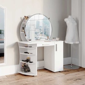 Modern bedroom dresser with round mirror