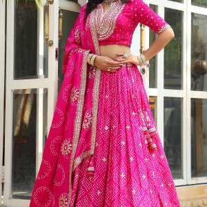 Bright pink bandhani printed gajji silk bridal lehenga -gc4466