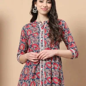 Red cotton floral print peplum top with lace detailing