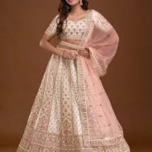 Cream zariwork raw silk readymade lehenga