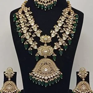 Ishhaara polki long rani haar with green beads – royal look for
