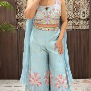 Elegant sky blue indo-western sharara set with floral embroidery