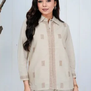 Beige slub cotton embroidered co-ord set for everyday elegance