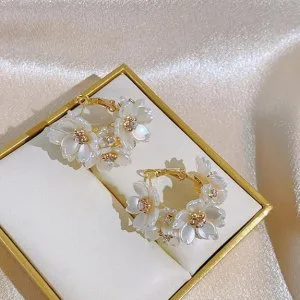 Romantic white flower statement hoop earrings